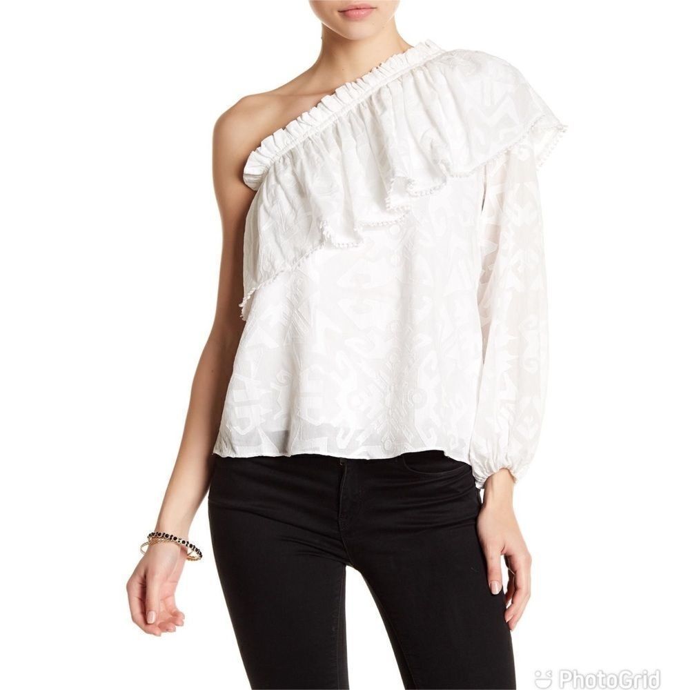 PARKER White‎ One Shoulder Top Blouse Cotton Long Sleeve Ruffle Tassel XS New
